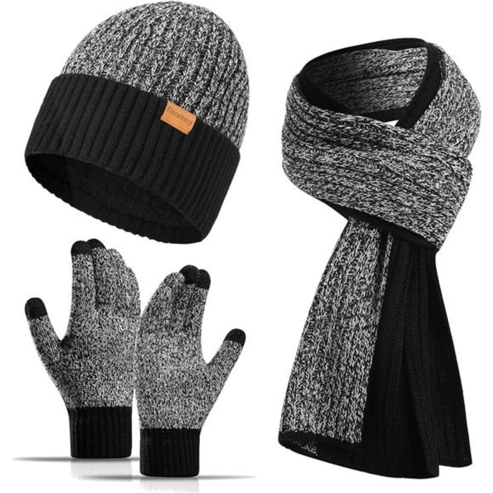 New Men's Winter Hat Scarf Gloves Set, 3 PCS Warm Beanie Long Scarf Fleece Lined